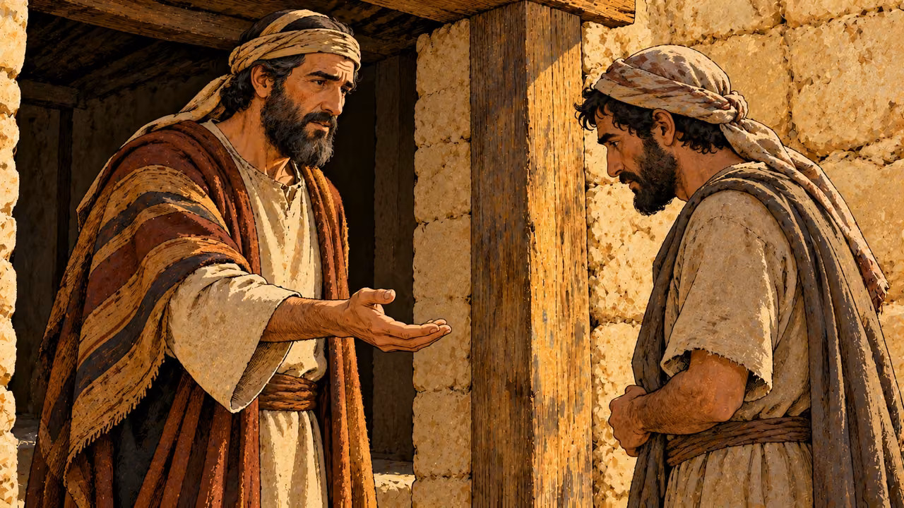 An adult opens an empty hand toward a neighbor beside a doorway.