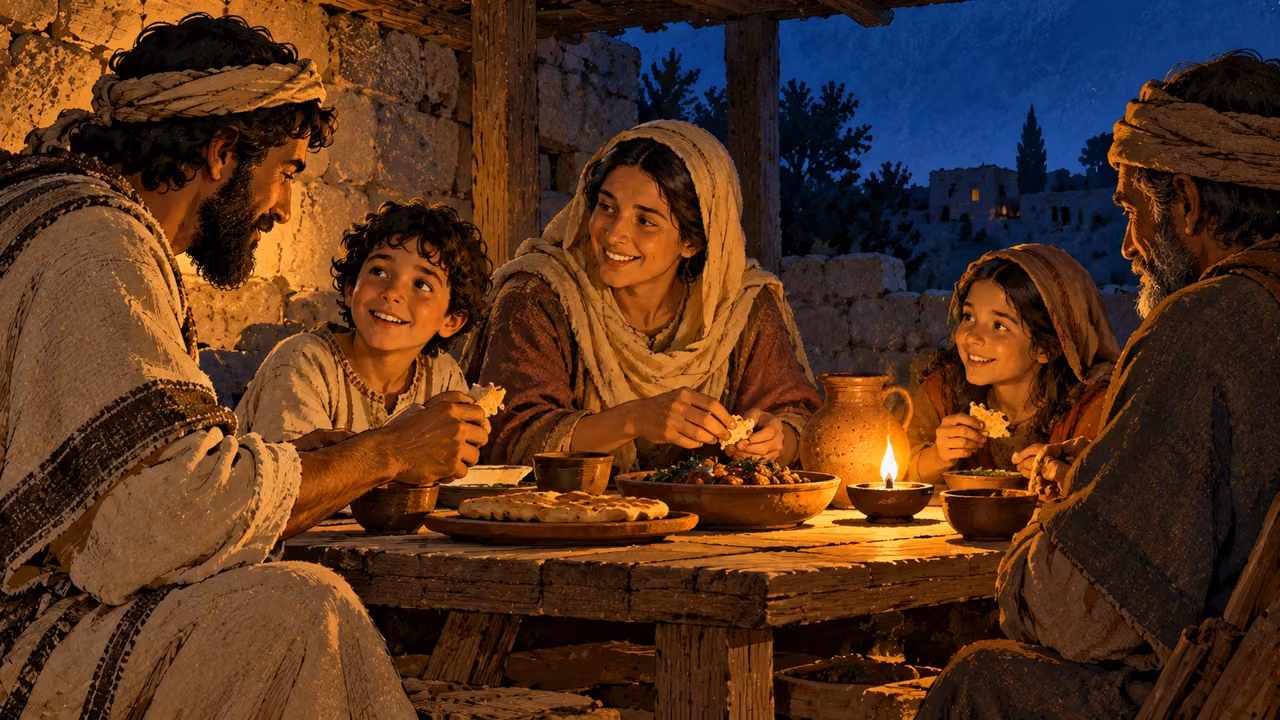 A household shares a simple meal by lamplight at evening.
