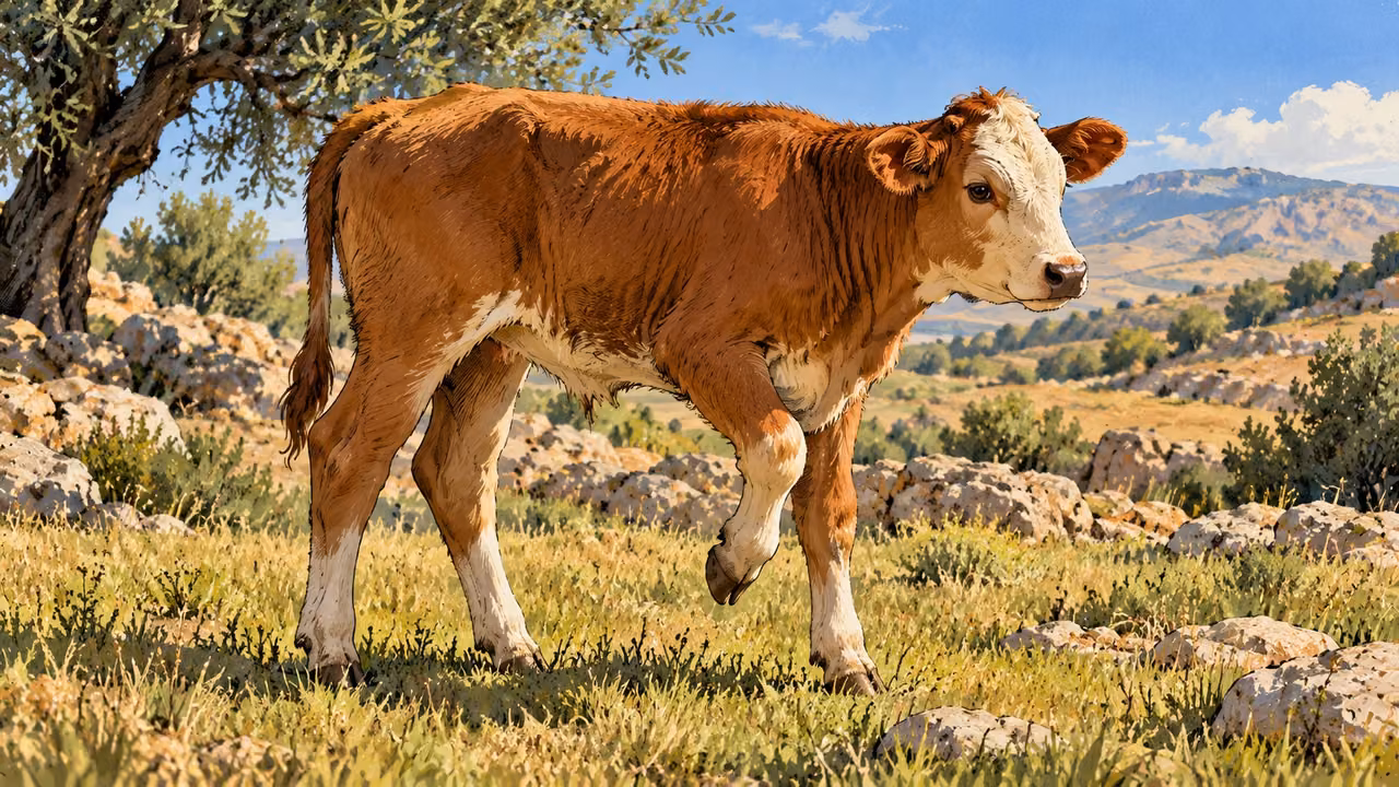 A calf stands quietly with one foreleg held off the ground.