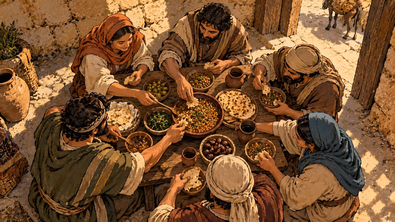 Adults share a simple meal near an open town entrance.