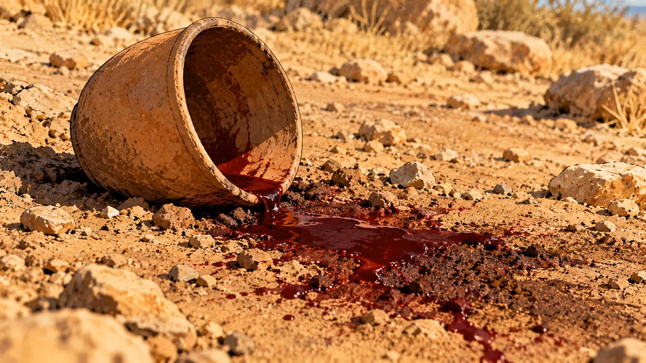 A tipped clay bowl spills dark red liquid onto bare ground.