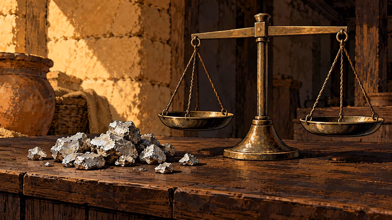 Rough silver fragments lie beside a plain balance on a wooden counter.