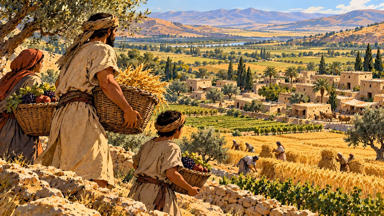 Harvesting households and baskets overlook cultivated fields and modest homes.