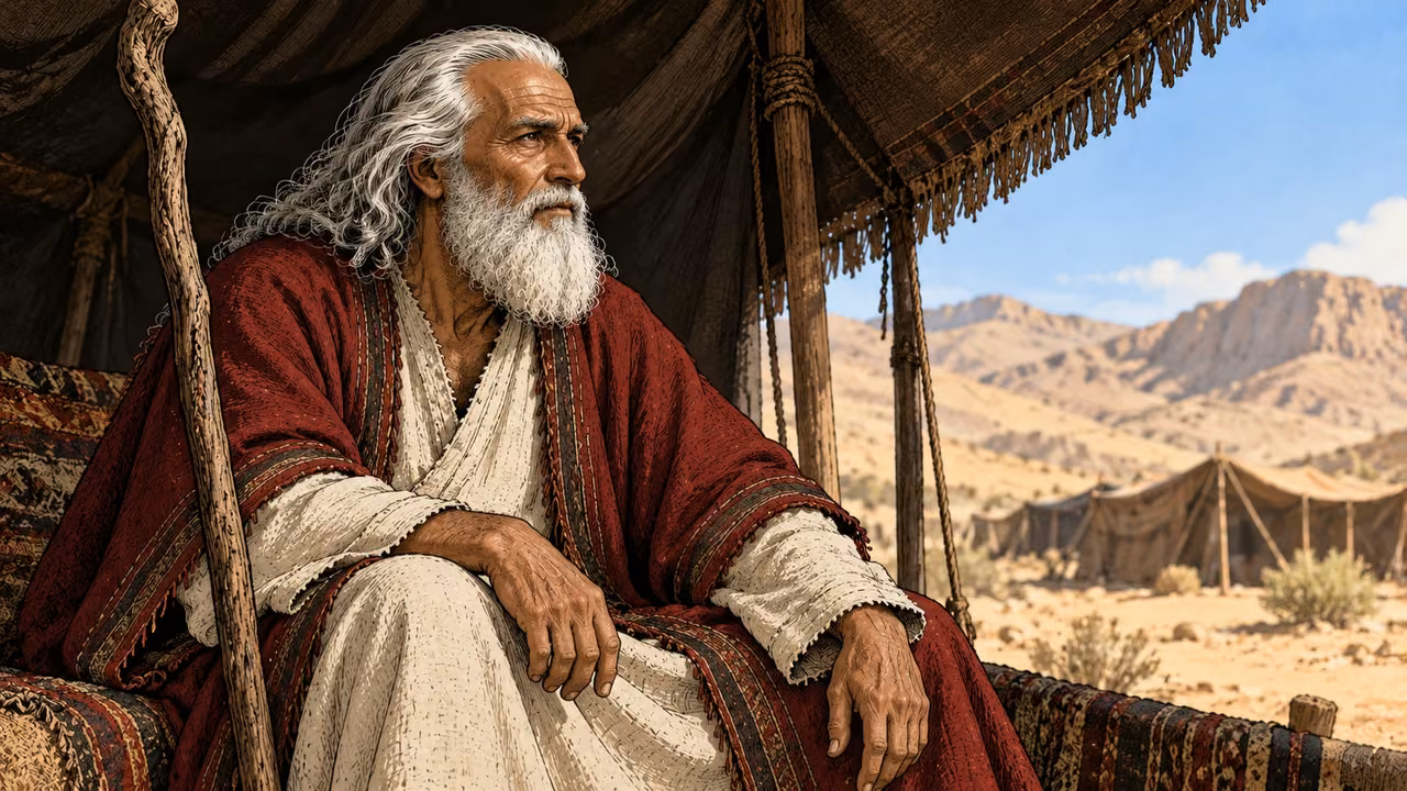 Moses sits quietly beneath tent shade beside his staff.