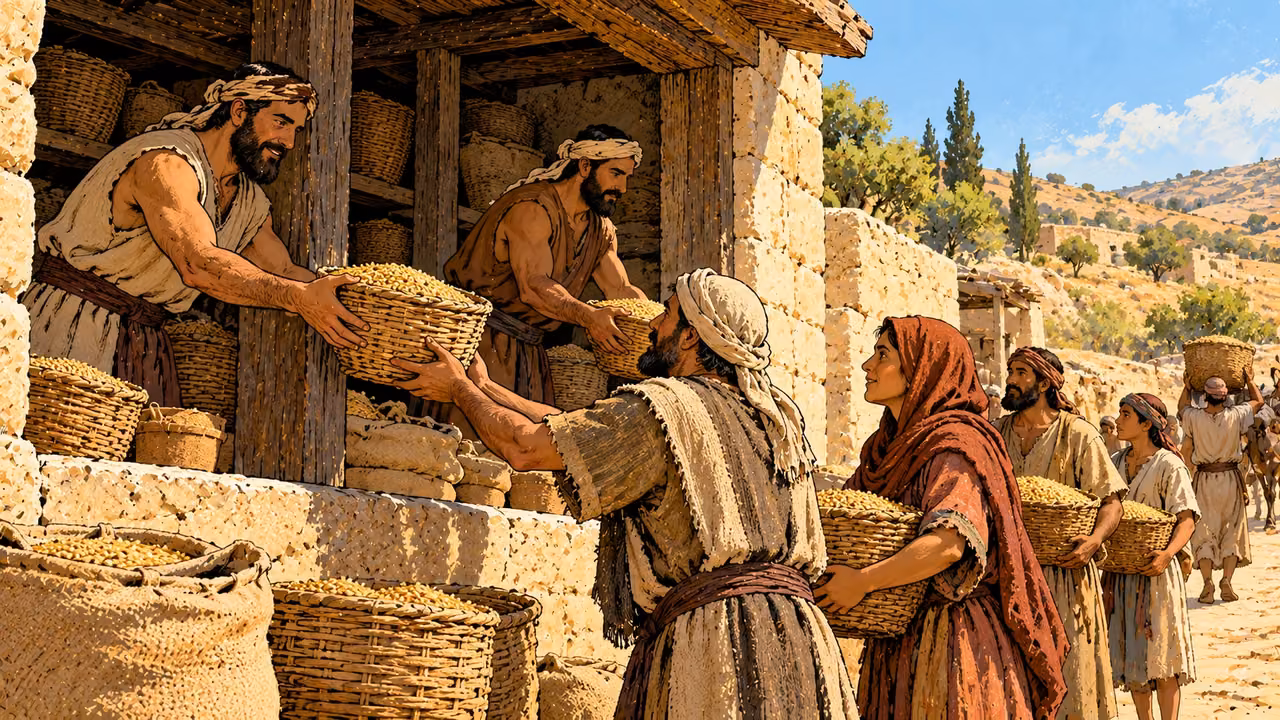 Adults pass baskets of grain outward from an open storehouse.