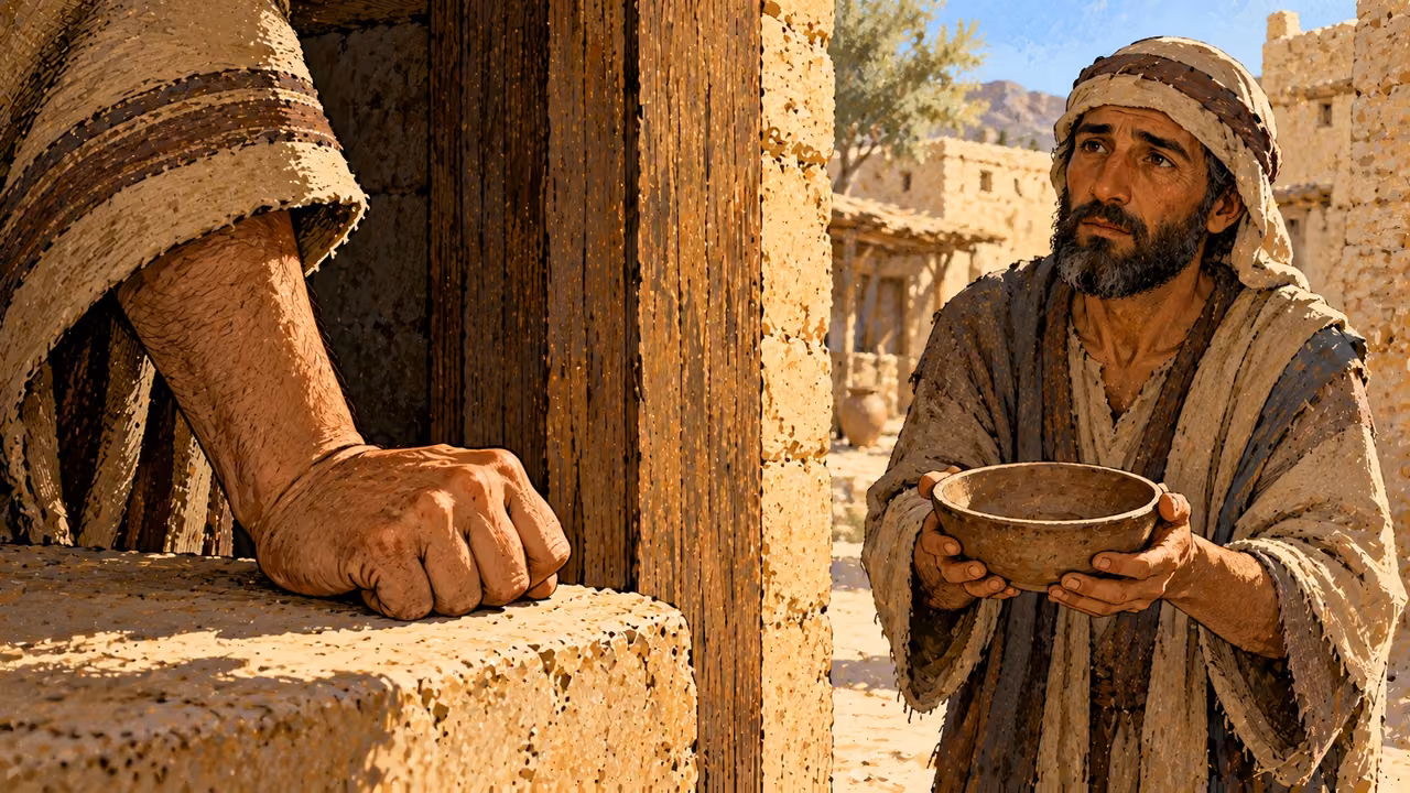 A closed hand rests on a ledge beside a neighbor holding an empty bowl.