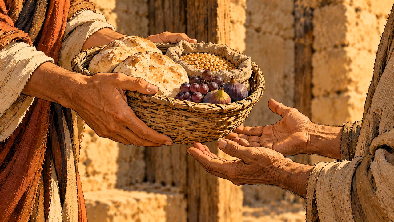 A basket of bread, grain and fruit is offered to open hands.
