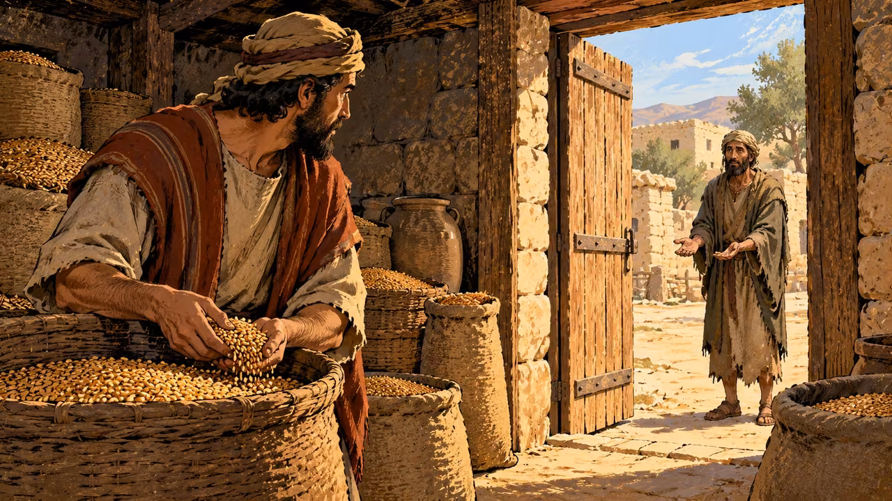 An adult hesitates beside stored grain while a neighbor waits at the open gate.