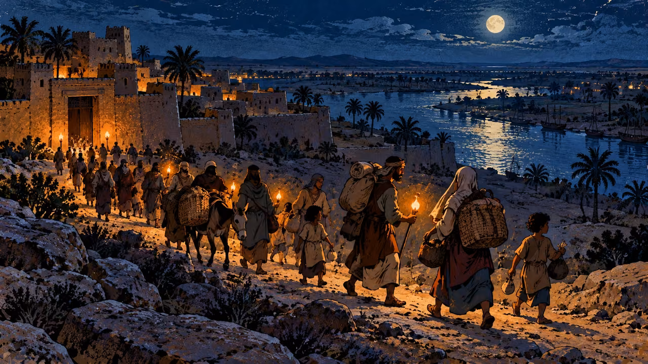 Families carry bundles along a moonlit road away from a riverside settlement.