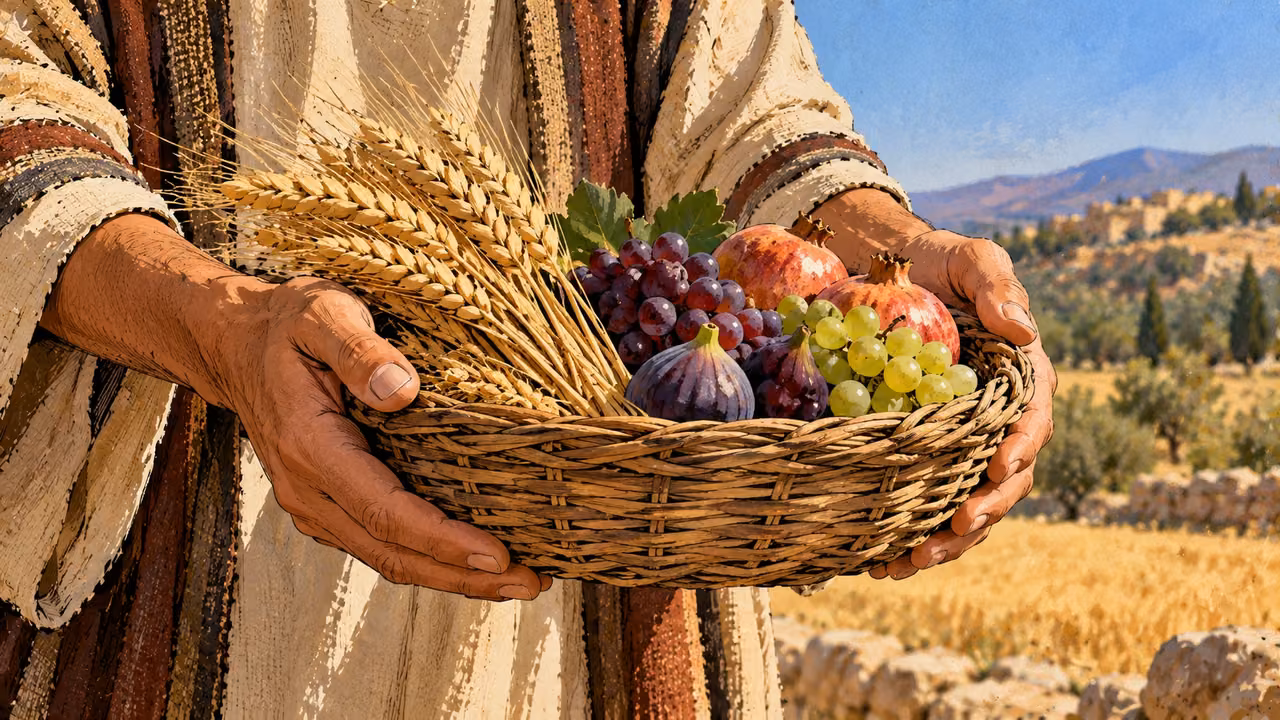 Hands hold a woven basket filled with grain, grapes, figs and pomegranates.