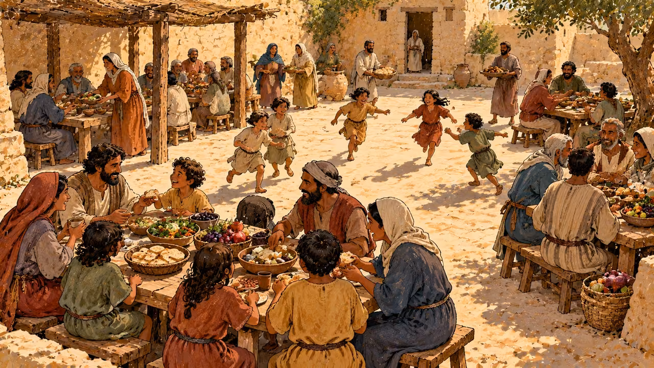 Adults share food around a broad courtyard while children play between the tables.
