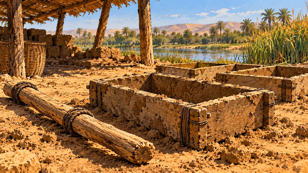 Empty brick molds and a wooden carrying pole lie beneath a riverside work shelter.