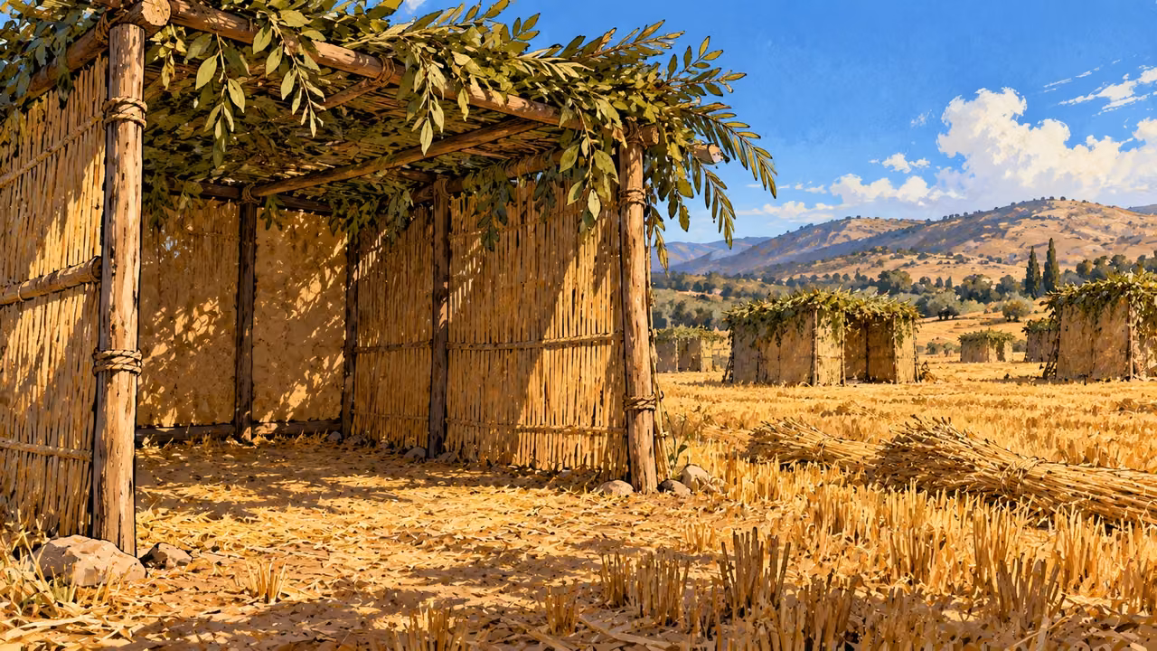 Leaf-covered temporary shelters stand beside a harvested field and bundled stalks.