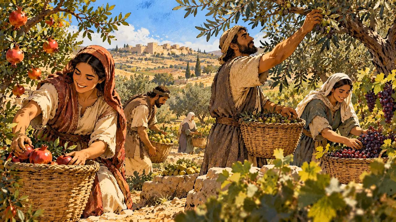 Adults gather fruit into woven baskets among orchard trees and vines.