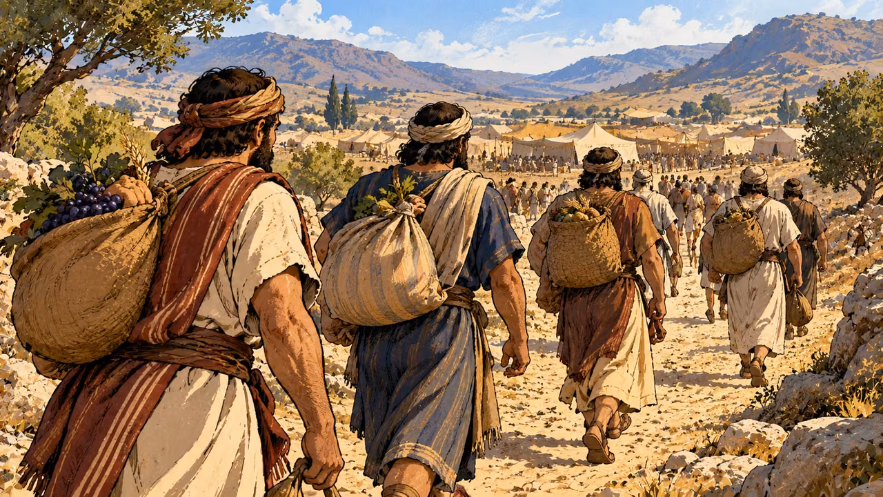 Men carry full provision bundles along a road toward a broad encampment.