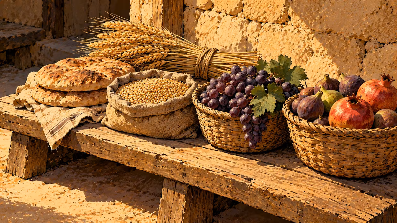 Bread, a small sack of grain and fruit baskets of different sizes rest on a low bench.