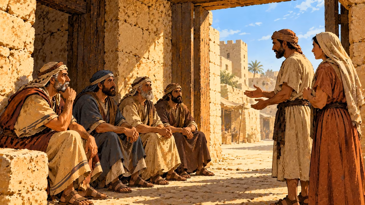 Seated elders listen to two adults beneath the shaded side of a town gate.