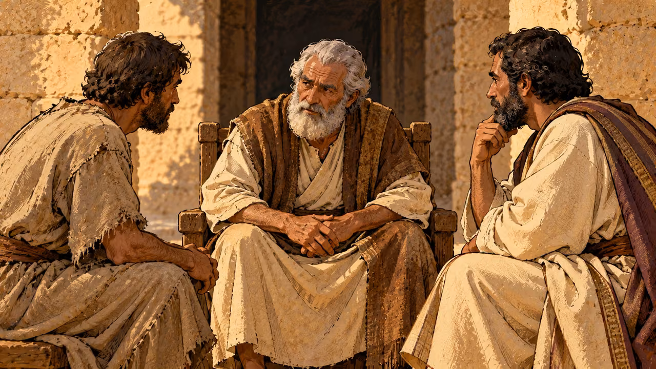 An elder listens between two adults dressed in robes of differing wear.