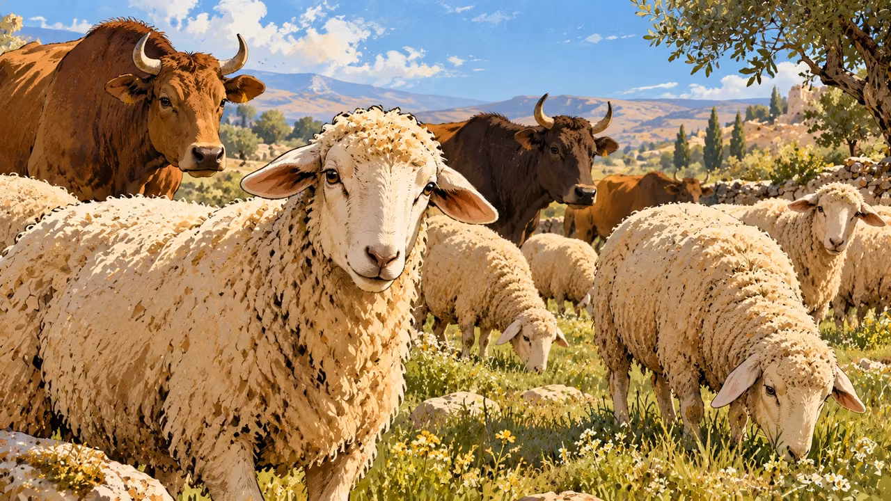 Sheep graze in the foreground with cattle standing behind them in open pasture.