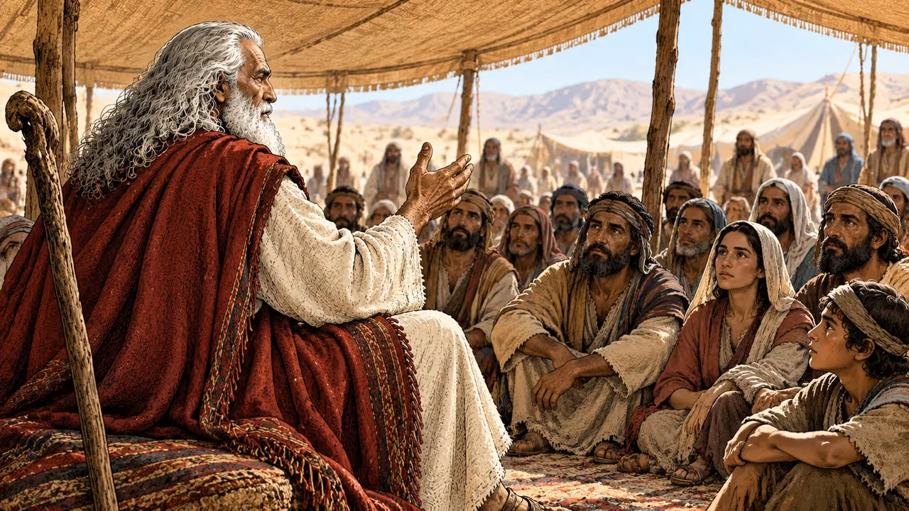 Moses sits beneath tent shade and addresses adults and children gathered before him.