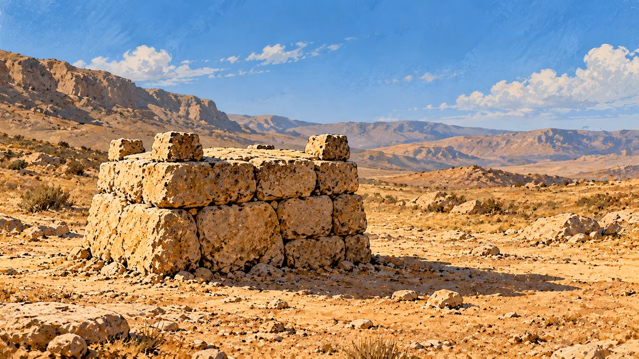 A rough-stone altar stands alone on bare open ground.