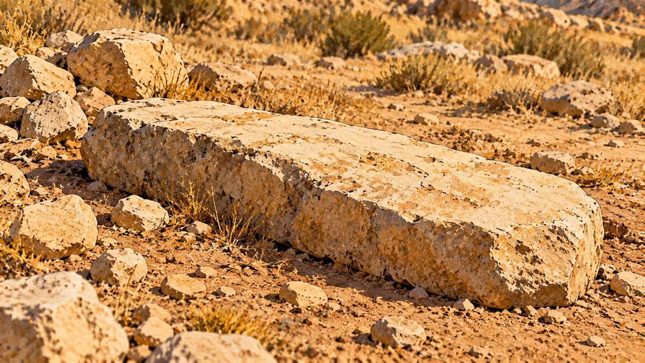A long plain stone lies flat on bare ground among smaller rocks.