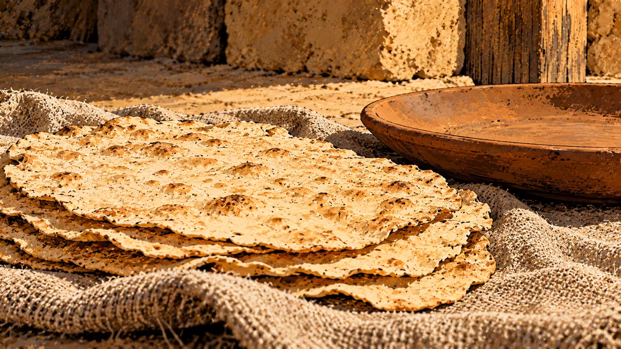 Thin flatbread lies on coarse cloth beside a plain clay plate.
