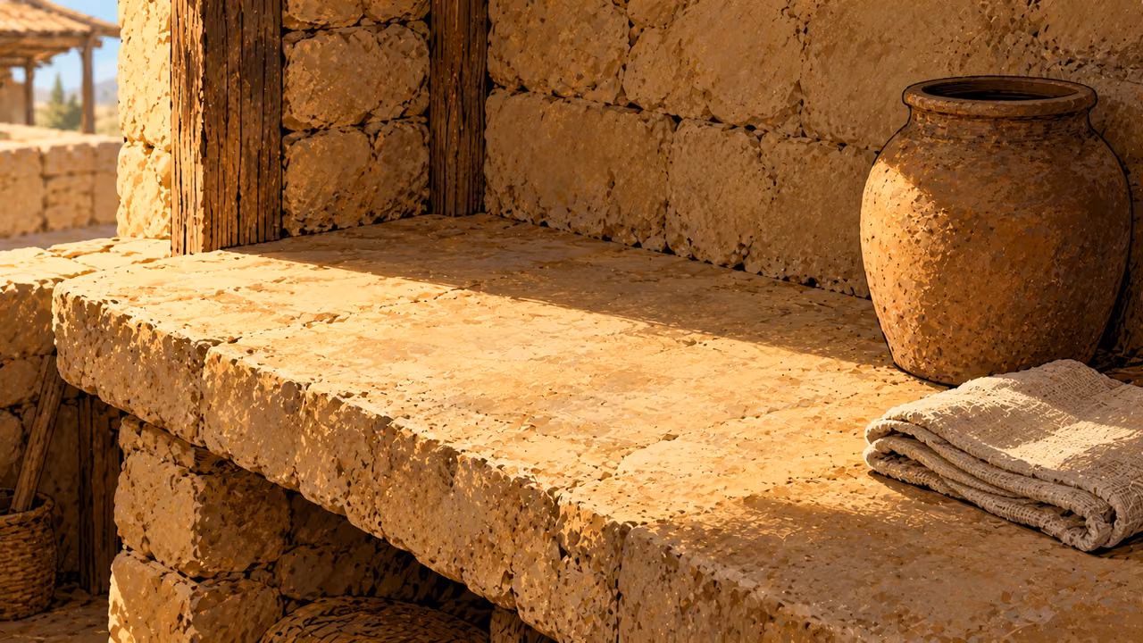 A swept earthen ledge holds a plain jar and folded cloth beside an open doorway.