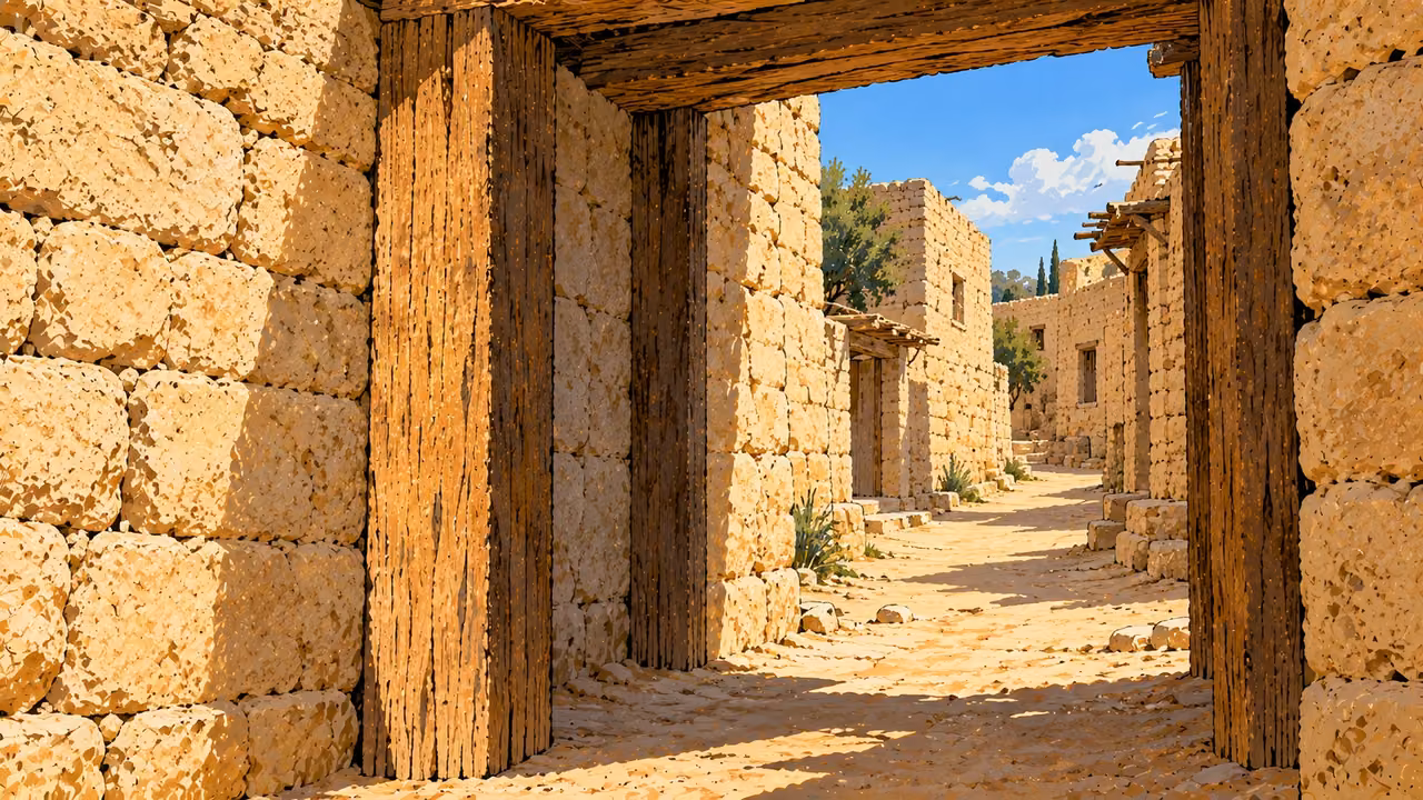 An empty town gateway opens onto a quiet sunlit lane.
