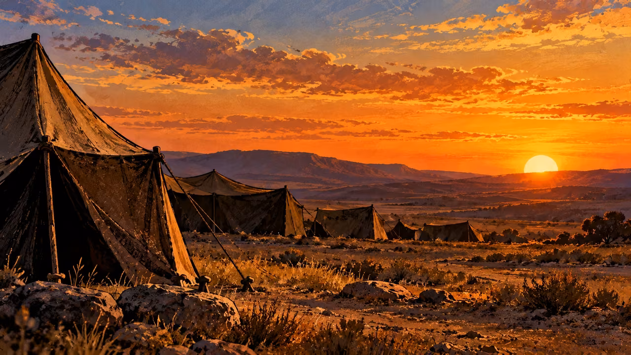Simple tents stand beside an open landscape as the sun reaches the horizon.