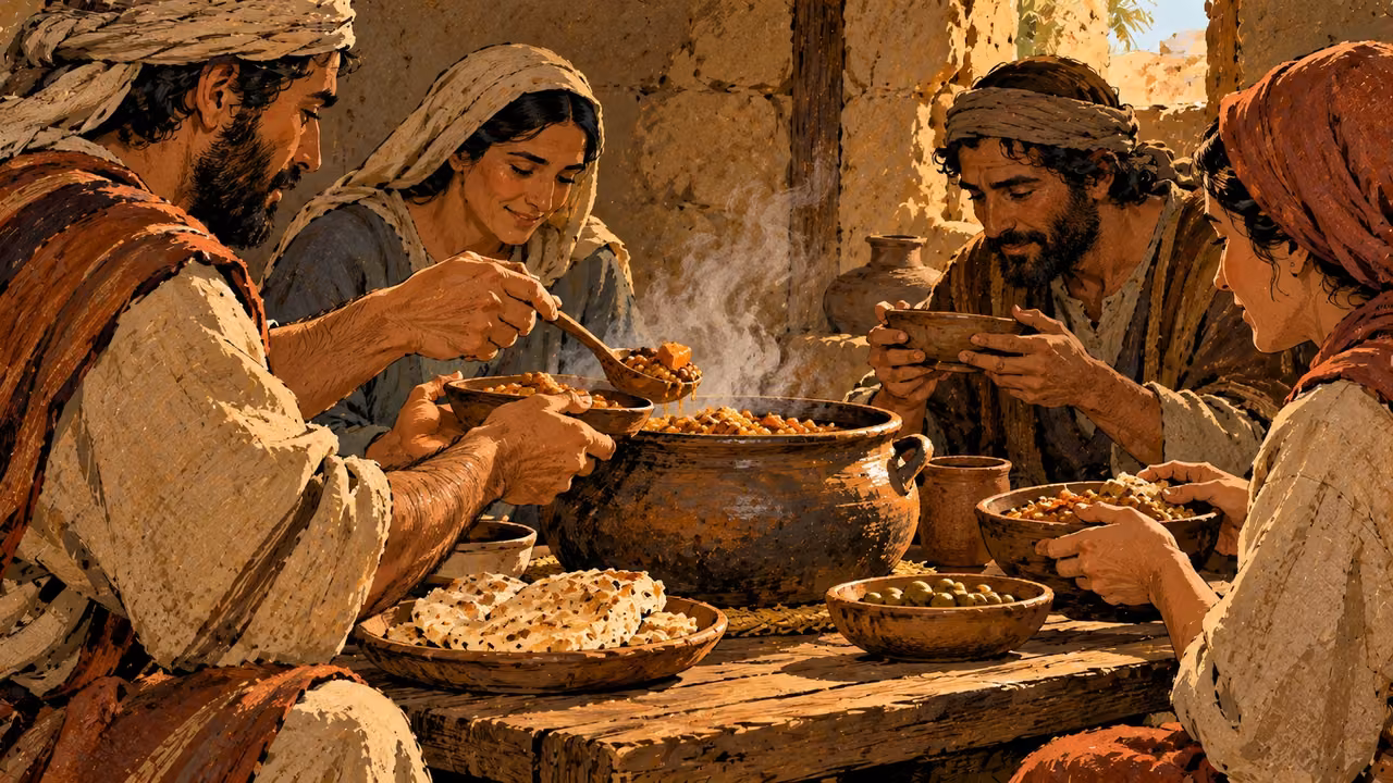 Four adults share steaming cooked food from a clay pot at a simple table.