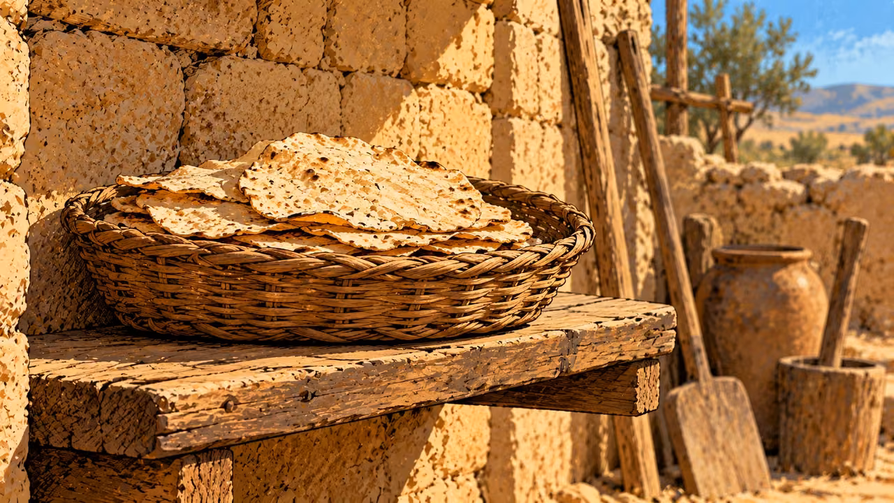 Flatbread rests in a woven basket while simple wooden tools stand unused nearby.