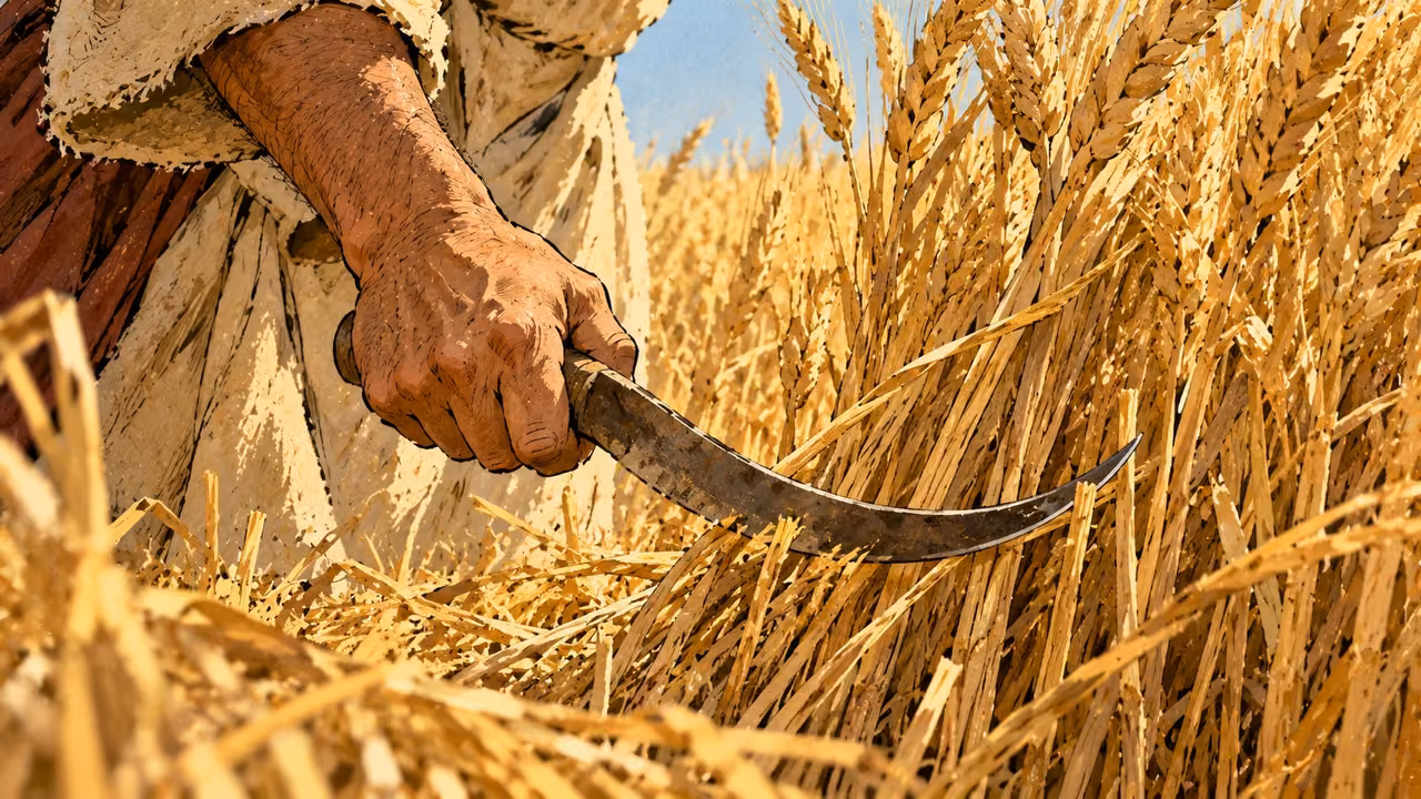 A hand draws a curved sickle into standing golden grain.