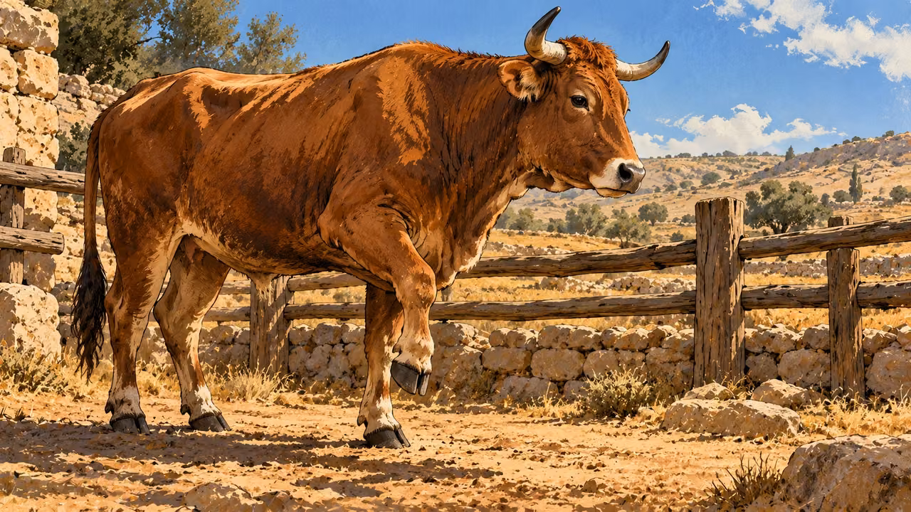 An ox stands by a simple pasture fence with one foreleg held off the ground.