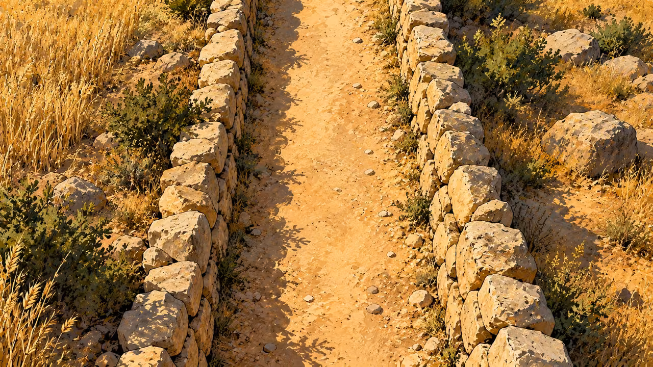 A straight dirt path runs between two low stone field boundaries.