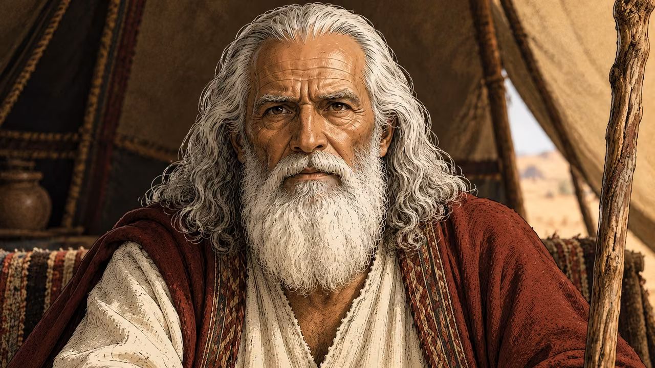 Moses looks soberly ahead beneath tent shade, with his staff beside him.