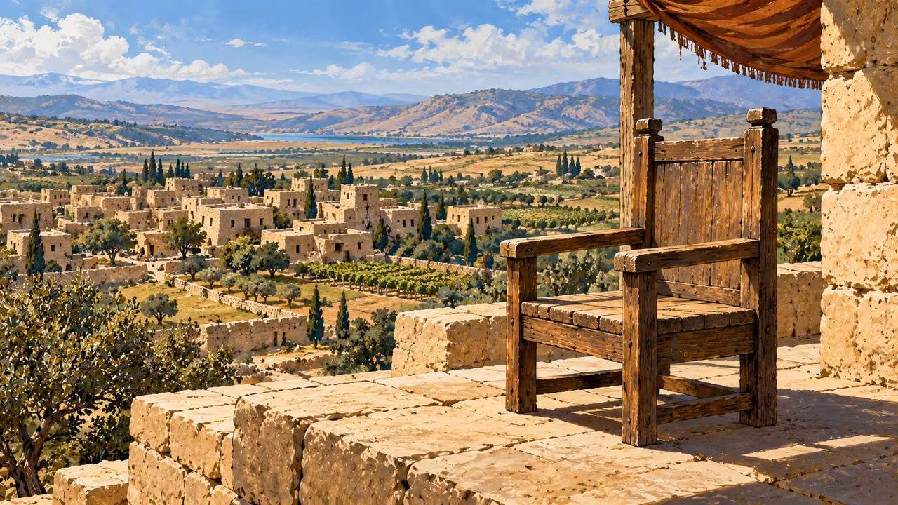 An empty plain wooden chair overlooks a cultivated settlement and fields.