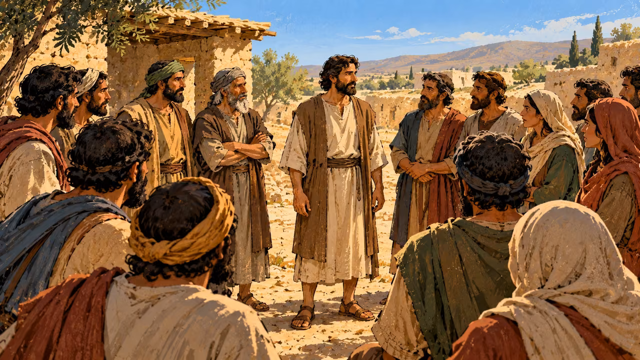 An ordinary man stands at the same level as neighbors gathered around him.