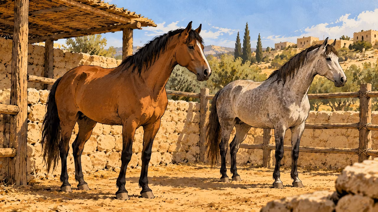 Two unmounted horses stand in a simple open enclosure.
