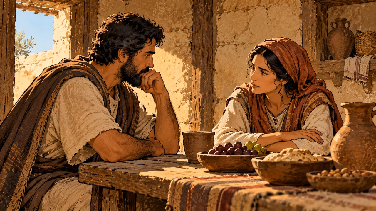 A man and woman sit in sober conversation across a modest household table.