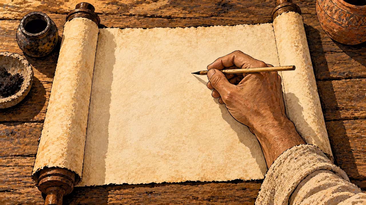 A hand holds a reed pen above an unmarked scroll on a wooden table.