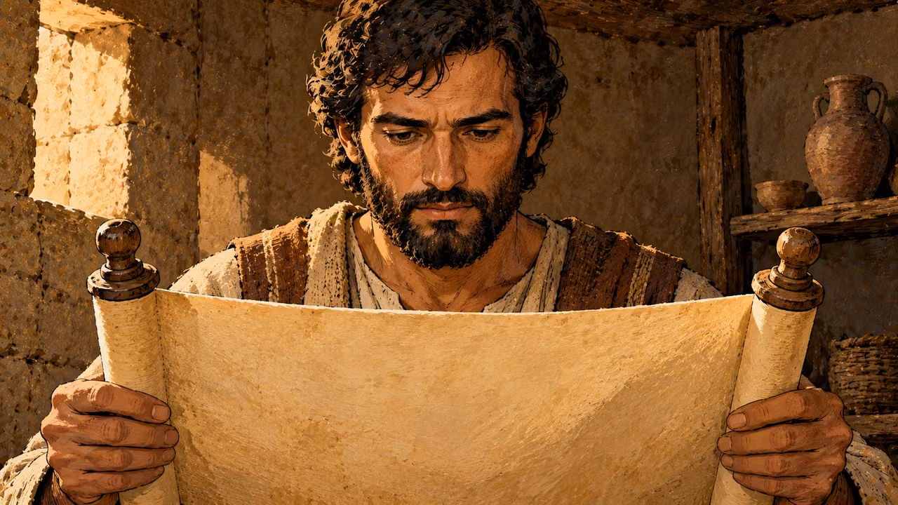 An adult reads a scroll held toward himself, its blank reverse facing outward.
