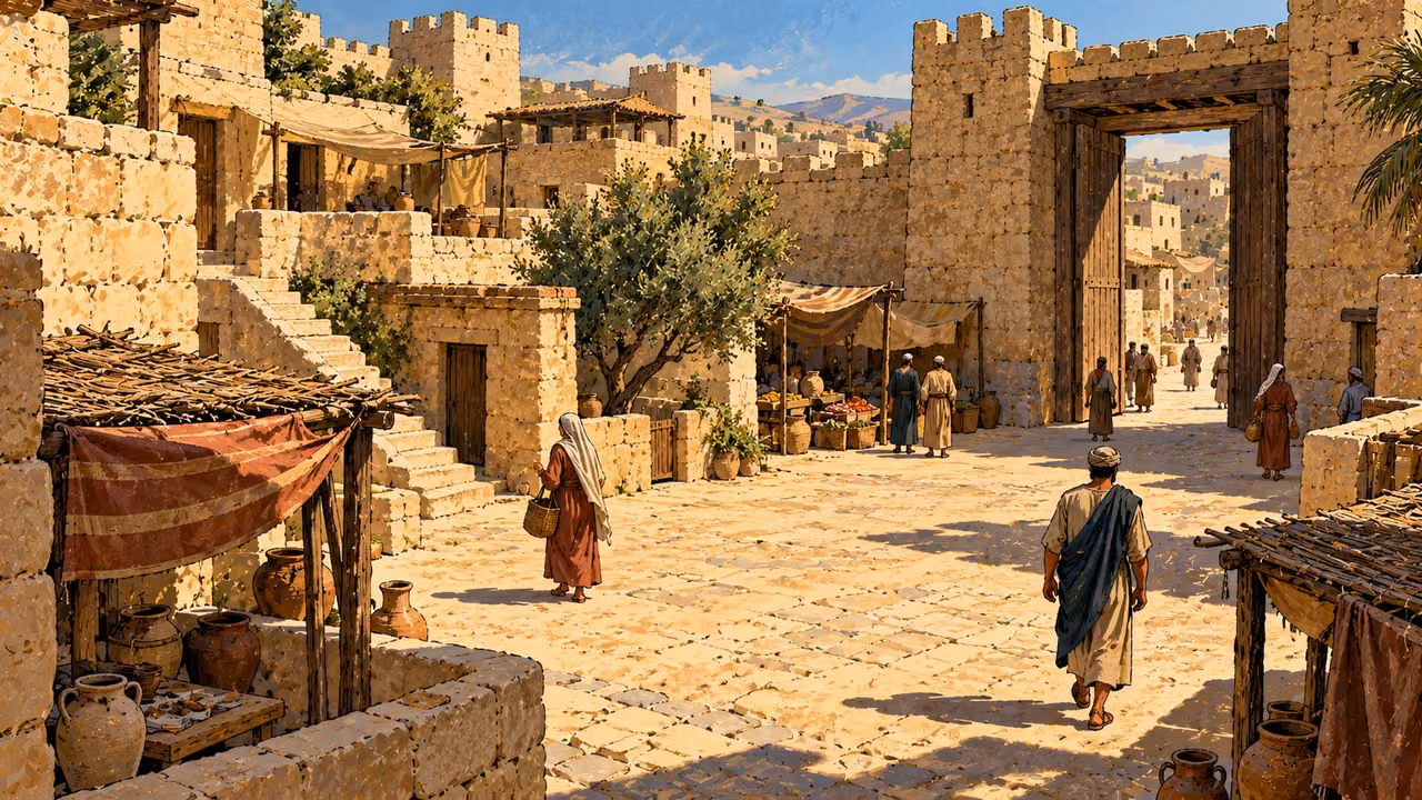 Men and women walk through a sunlit town square near an open gate.