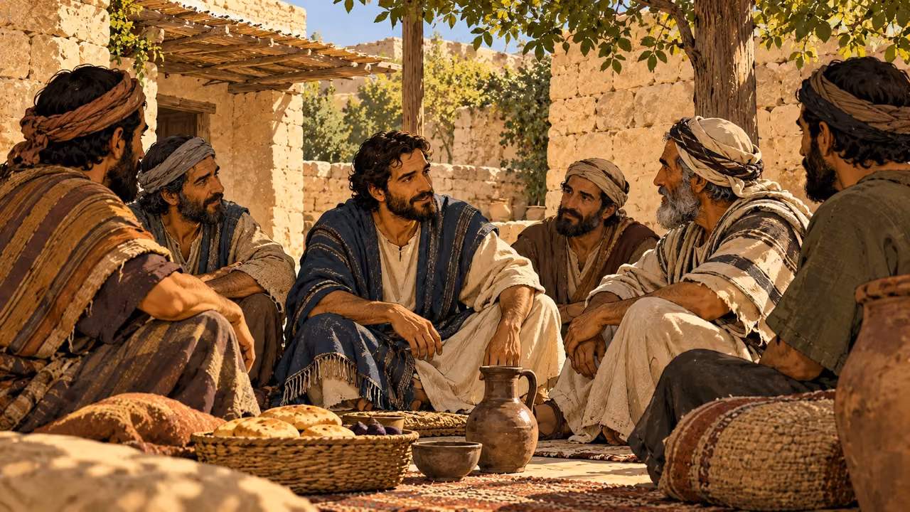 A man sits at the same low level as neighboring adults in a shaded courtyard.