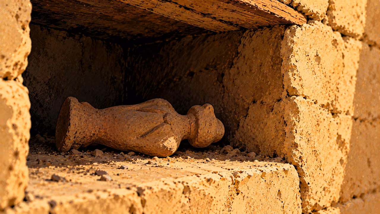 A small clay figurine lies on its side inside a dark wall niche.