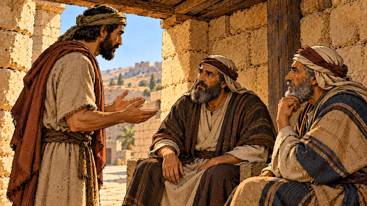 An adult speaks with open hands while two elders listen beneath a gate shelter.