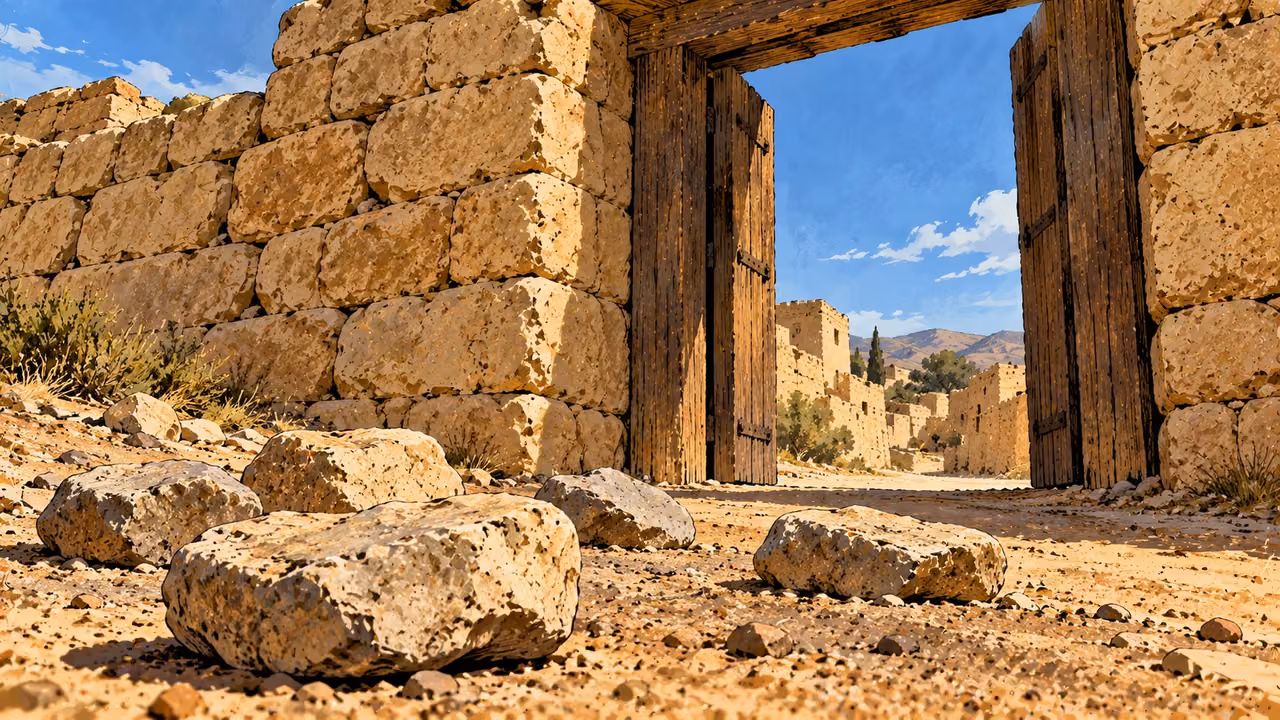 Loose stones lie on bare ground outside an empty open town gate.
