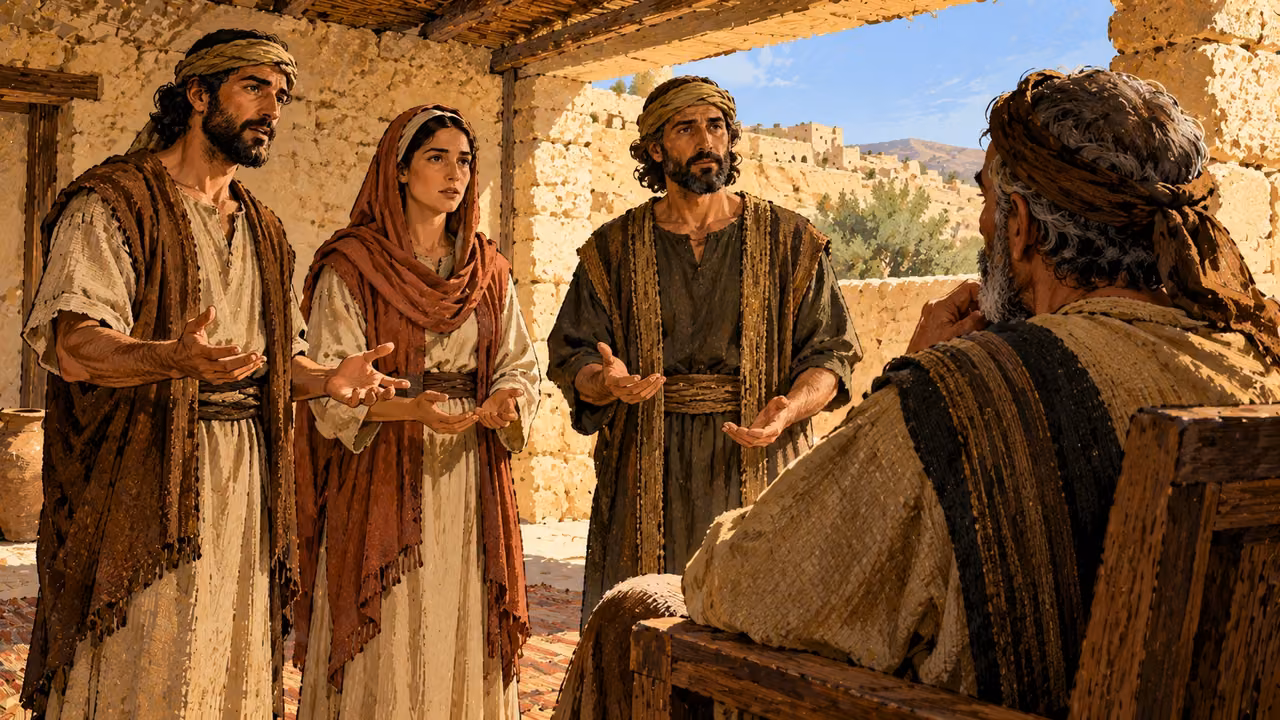 Three adults stand with open hands before a seated elder.