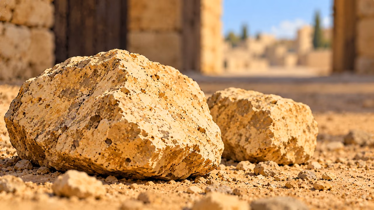 Two unused rough stones rest in dust with a town entrance blurred beyond.