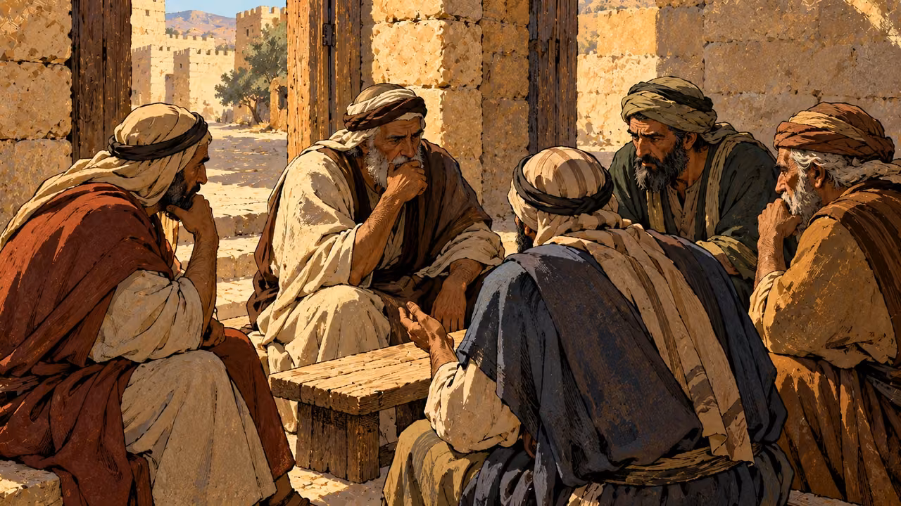 Elders sit in a close circle around a plain bench in sober discussion.
